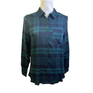 Papermoon Button Down Shirt  Small Blue Green  Plaid Rayon